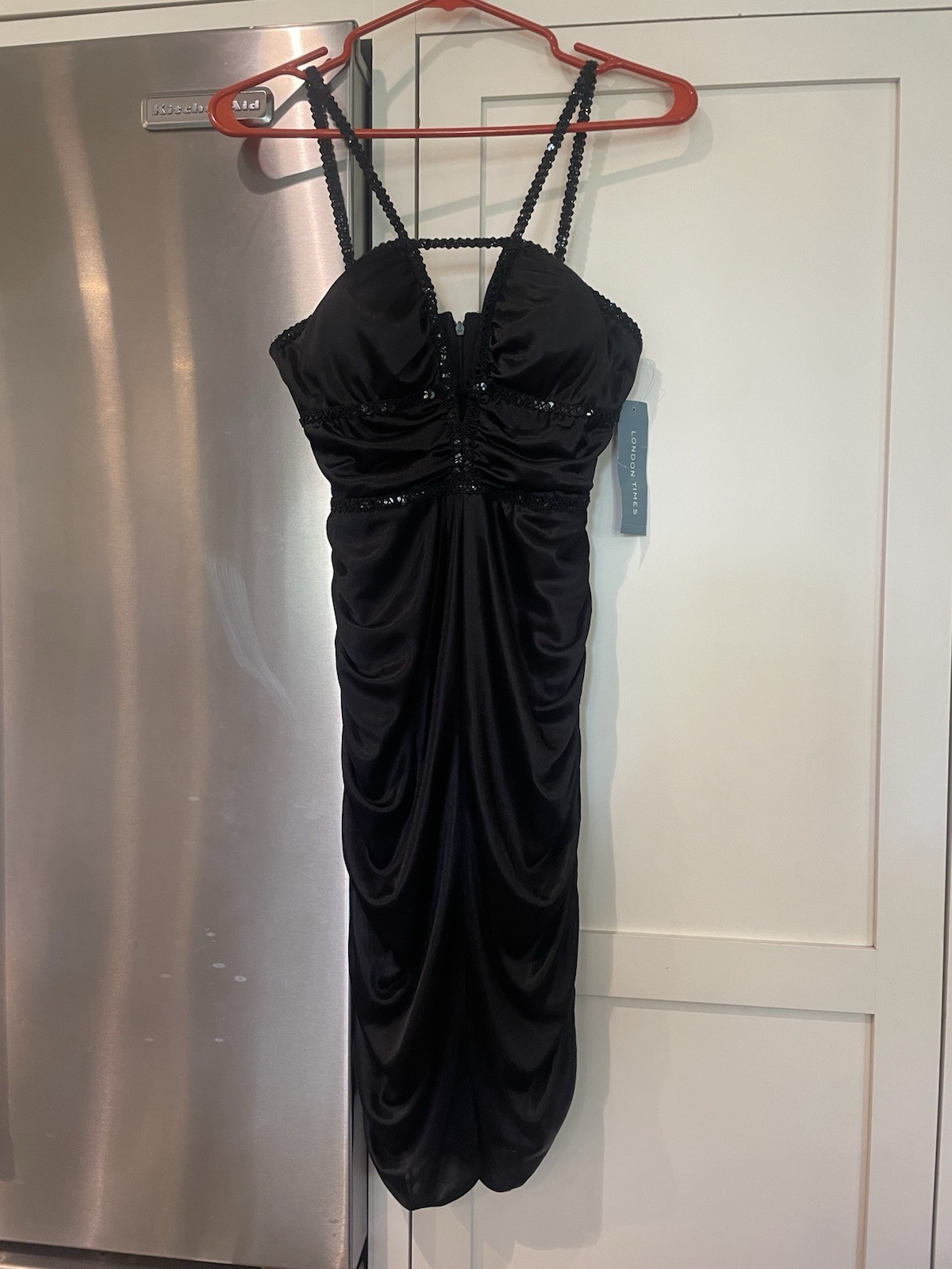 NWT London Times Sz 4 Black Sleeveless Sequin Straps Rouched Sides Slim Dress