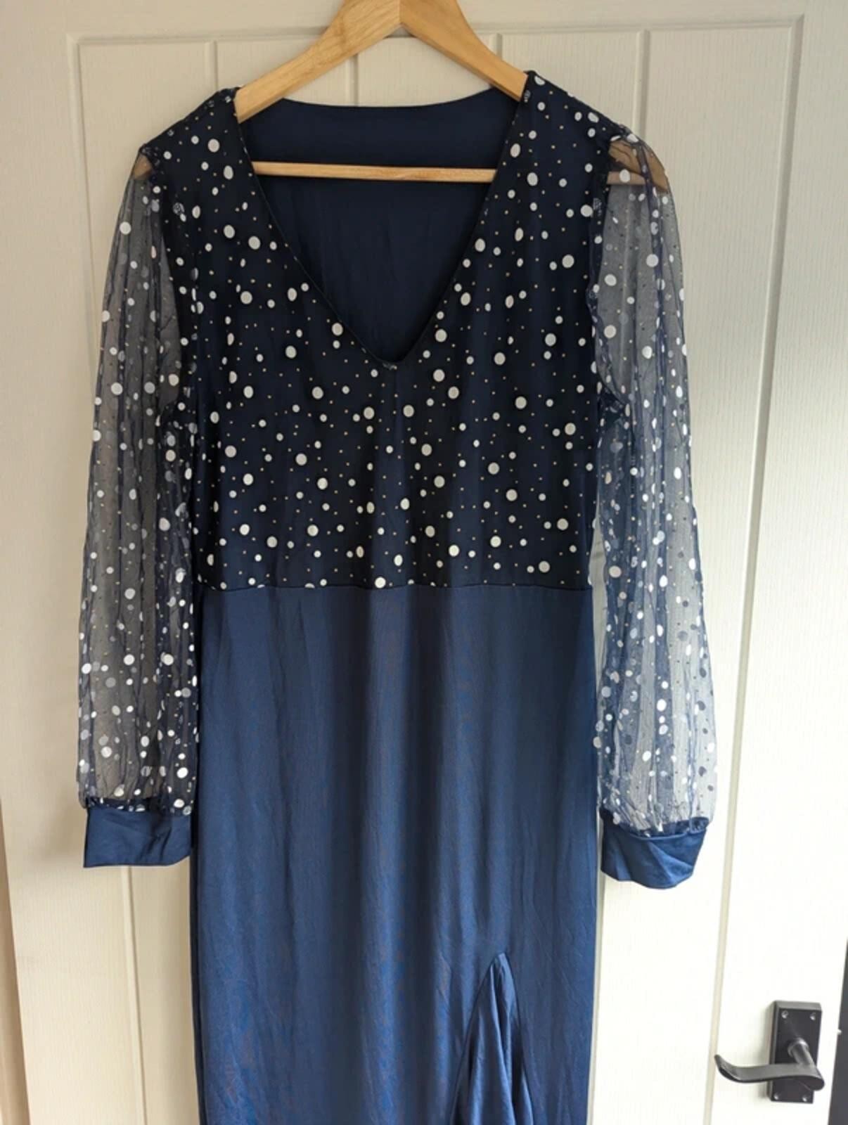 Navy Polka Dot Maxi Dress Size XL | Sheer Long Sleeve Ruffle Evening Occasion