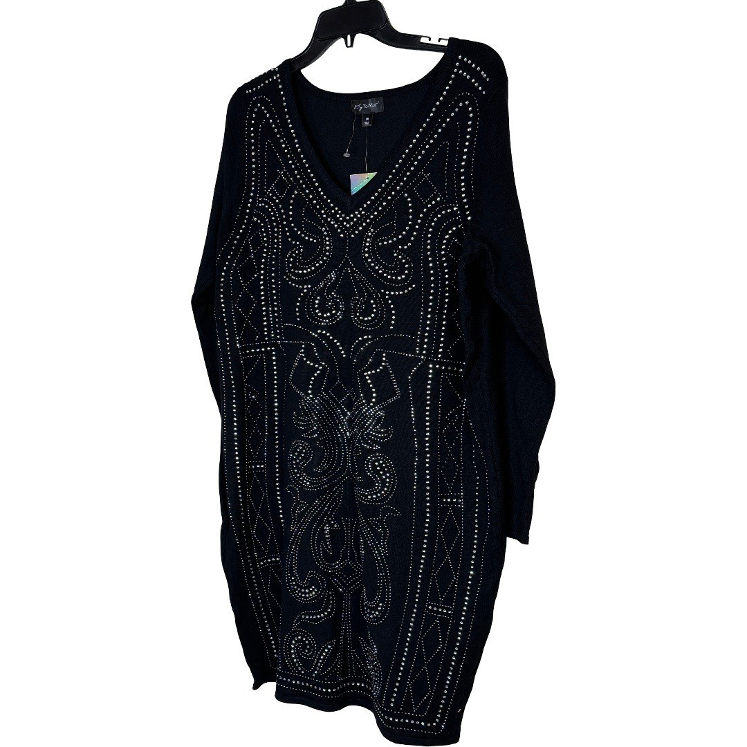 Say What Womens 2X Black Rhinestone Embellished V-Neck Sweater Dress Tunic NEW