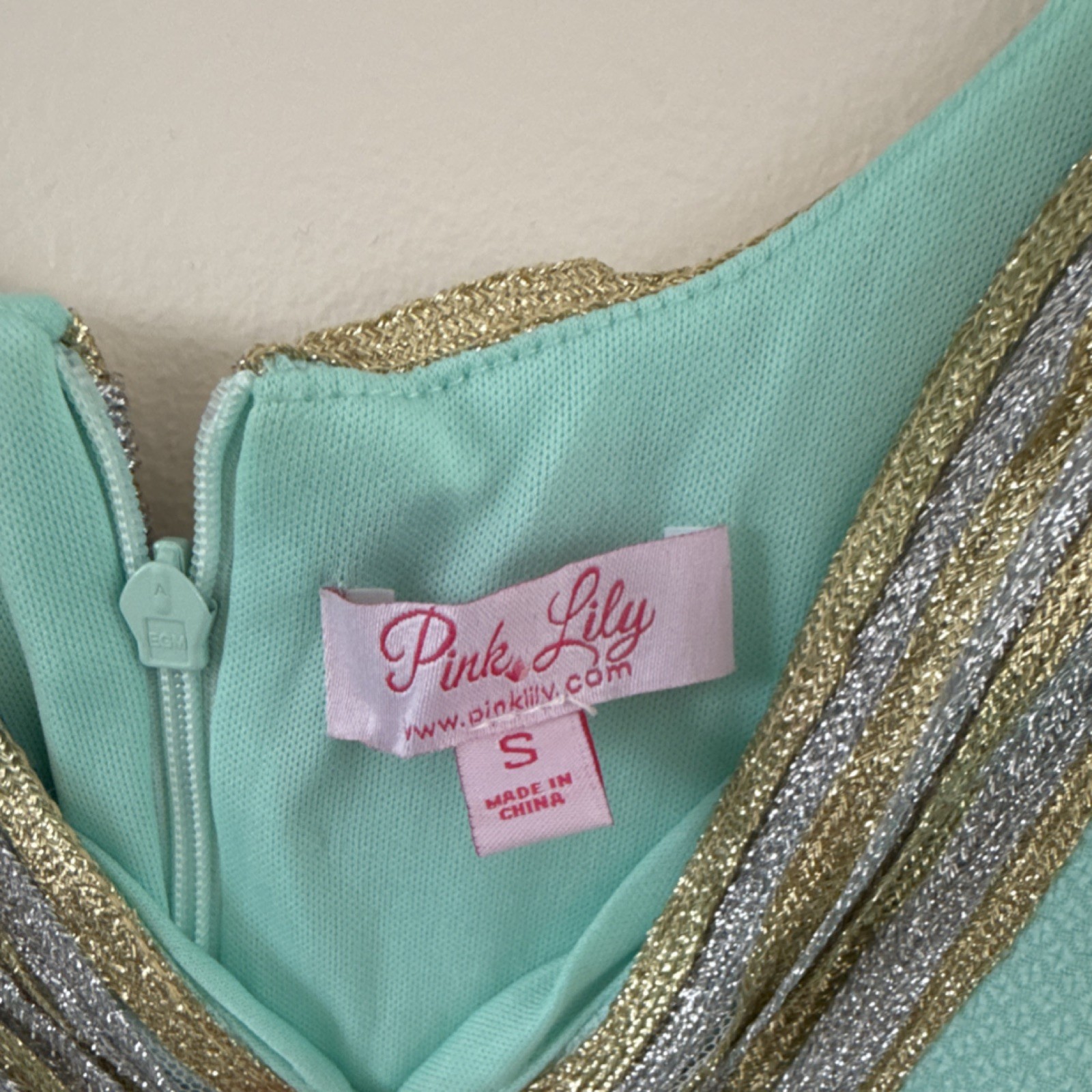 Pink Lily Mint Green Shift Dress S Sleeveless Metallic Trim Gold Silver