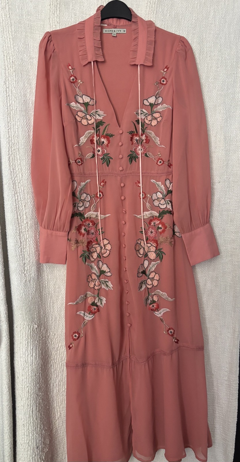 Hope and Ivy pink floral collar embroidered beaded long sleeve maxi dress 10