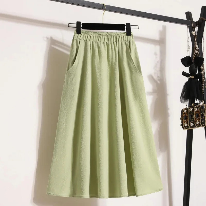 Elastic Waist High Waist Medium Skirt Slimming Solid Color Large Size Multifunct