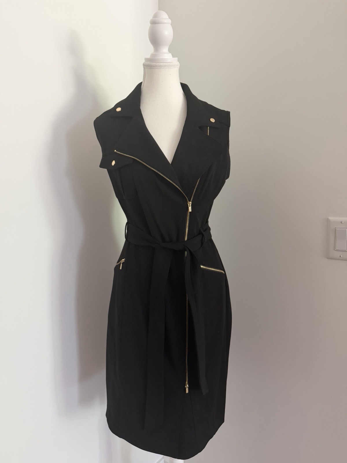 Elegant Black Moto-Inspired Zip Front Dress with Gold Hardware