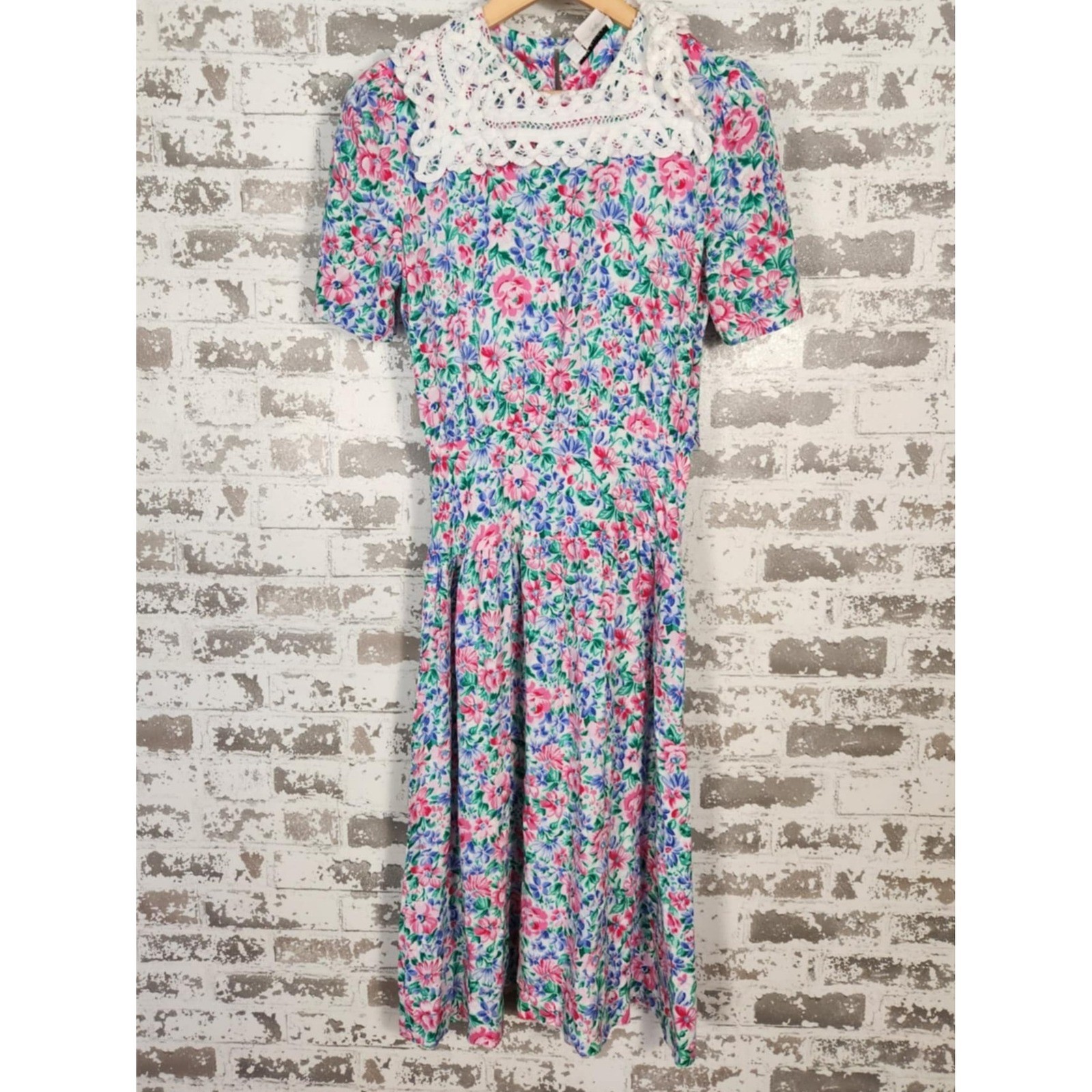 Vintage Jane Singer Floral Midi Dress Cottage Core Whimsical Fairy Lace Collar