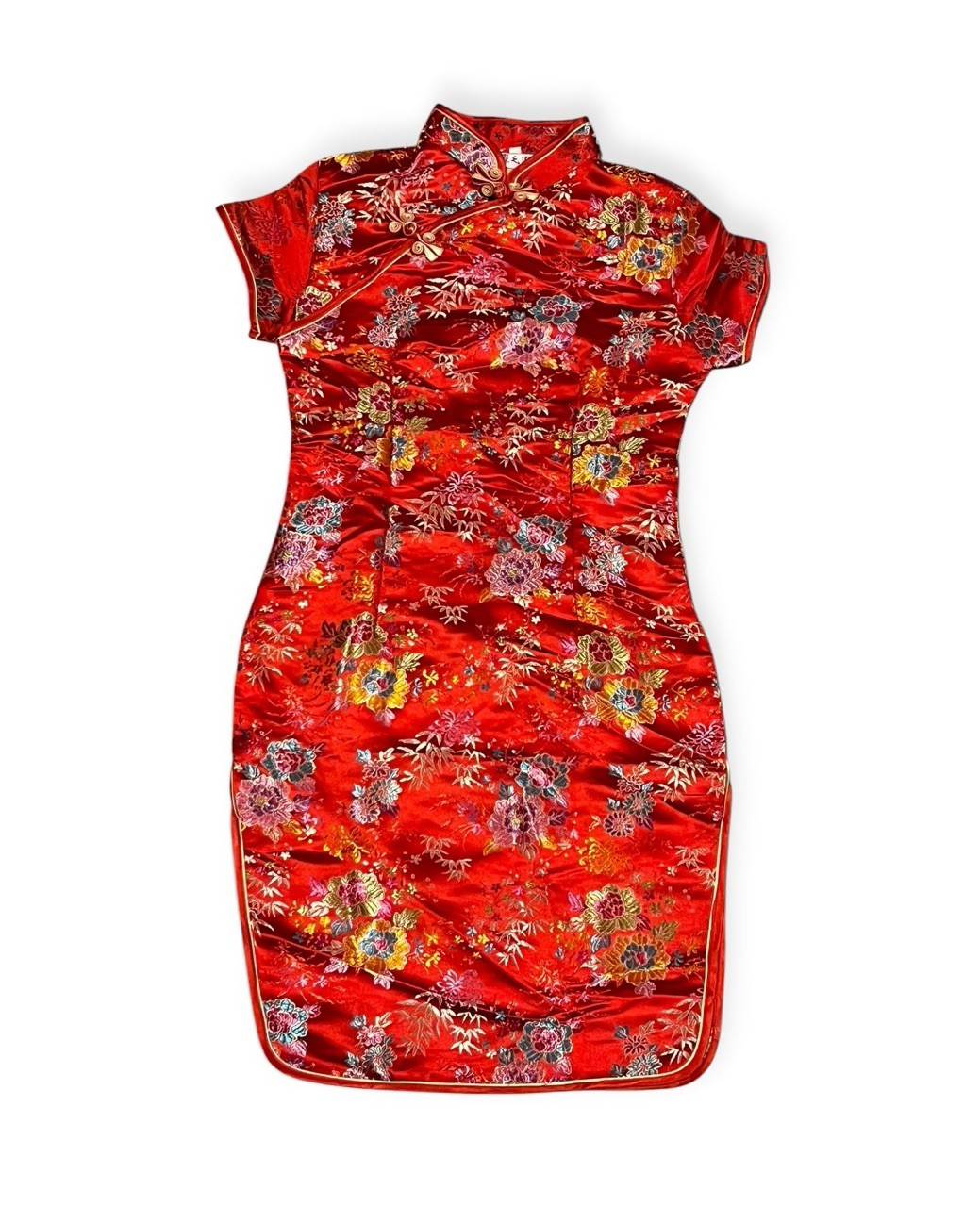 Red Floral Brocade Cheongsam Qipao Dress Size 14 Mandarin Collar Maxi