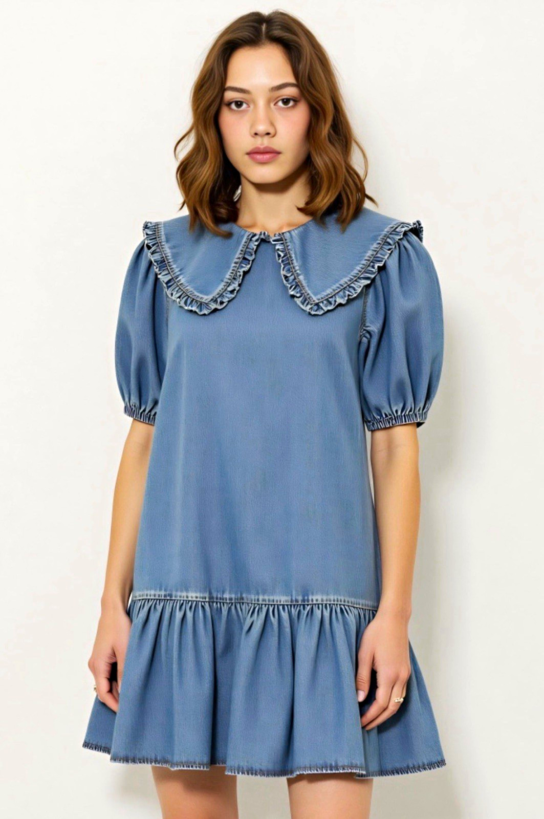 Modenaire Blue Cotton Denim Collared Ruffle Puff Sleeve Mini Dress Size M