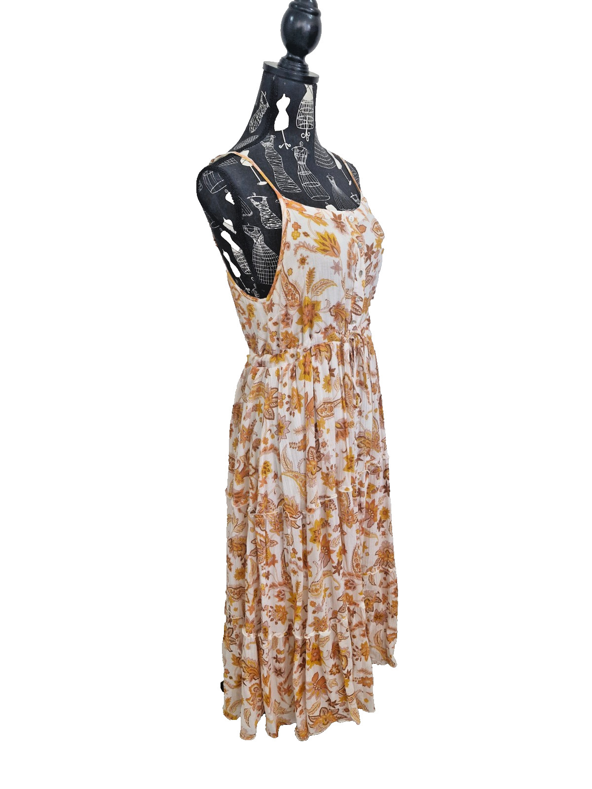 Ghanda Cotton Midi Dress Womens S White Orange Floral Button Tie Waist