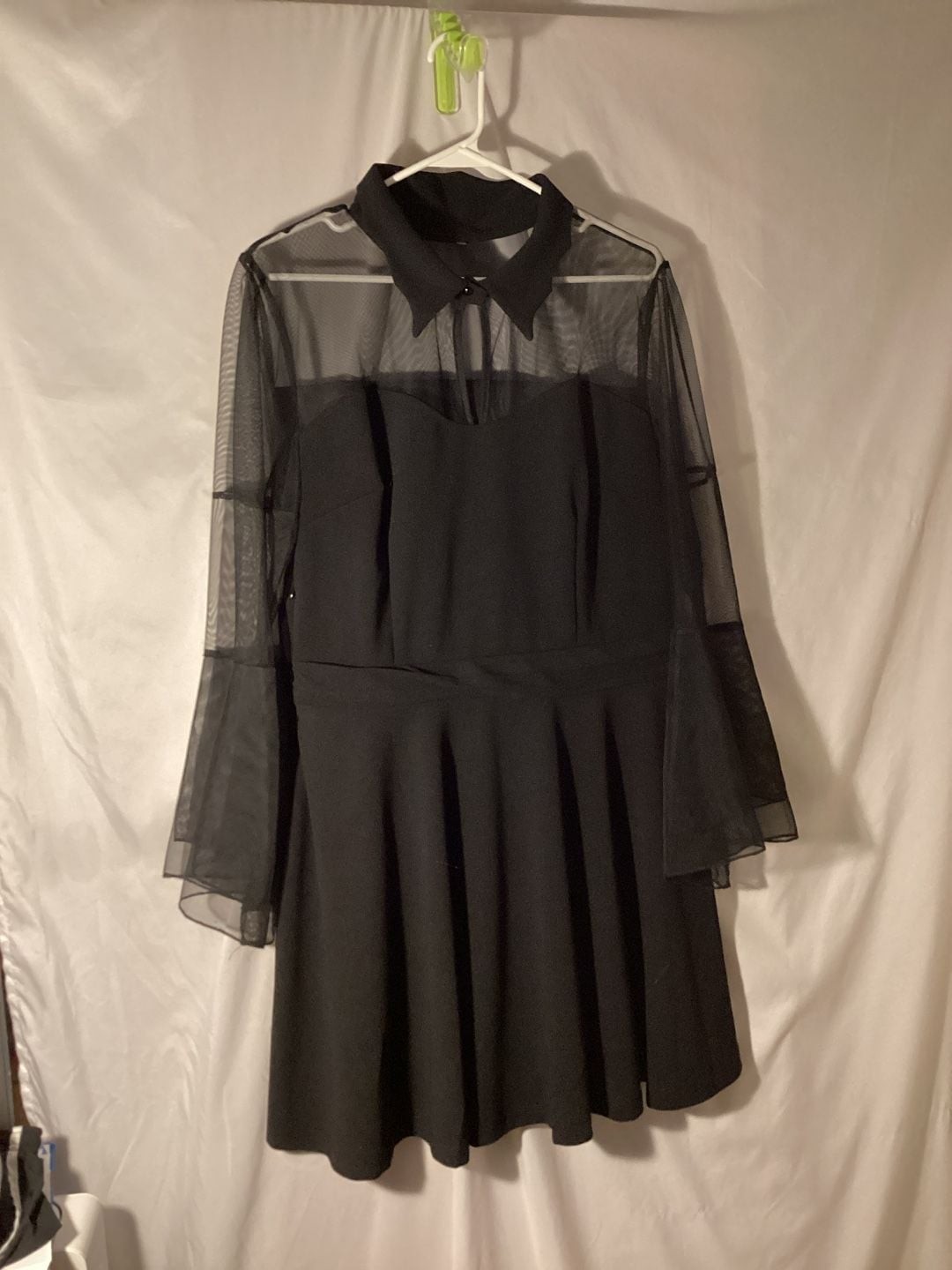 Women’s Black Collared Mesh Sheer Long Sleeve Skater Dress