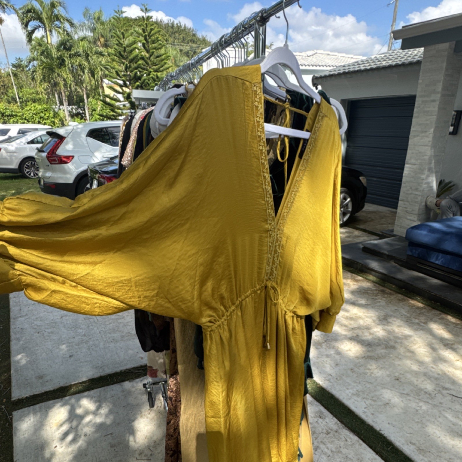 Yellow Solid Maxi Dress V-Neck Kimono Long Sleeve Tie Accent Women’s Casual