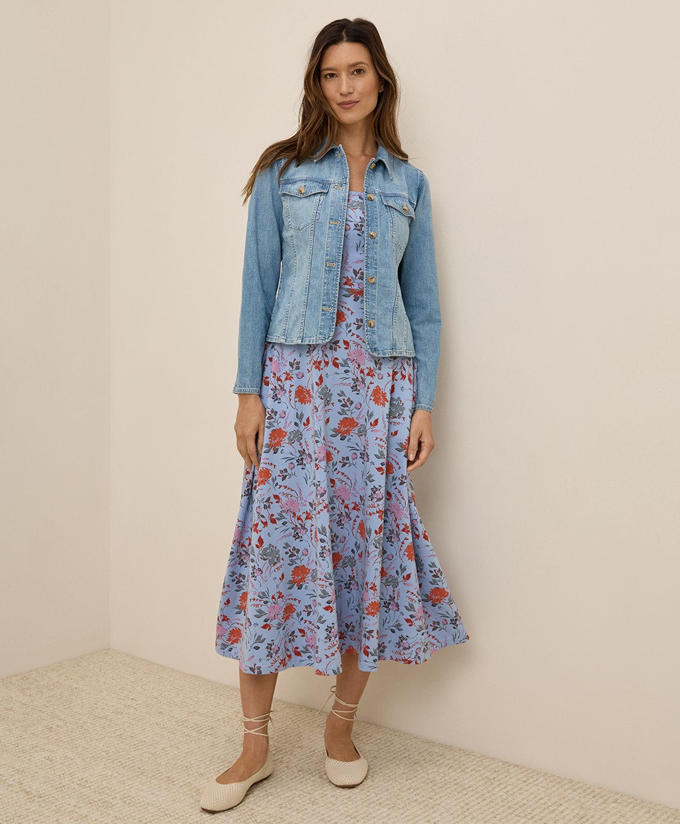 Pact Women’s Fit & Flare Midi Dress Small Short Nightfall Blooms Cornflower Blue
