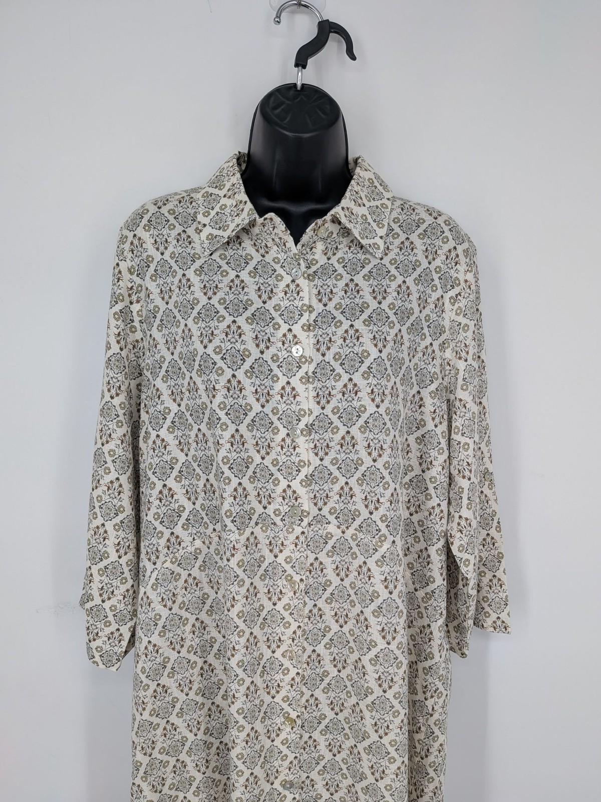 Floral Midi Shirt Dress Button Front Roll Tab Sleeve Prairie Cottage Art XLarge