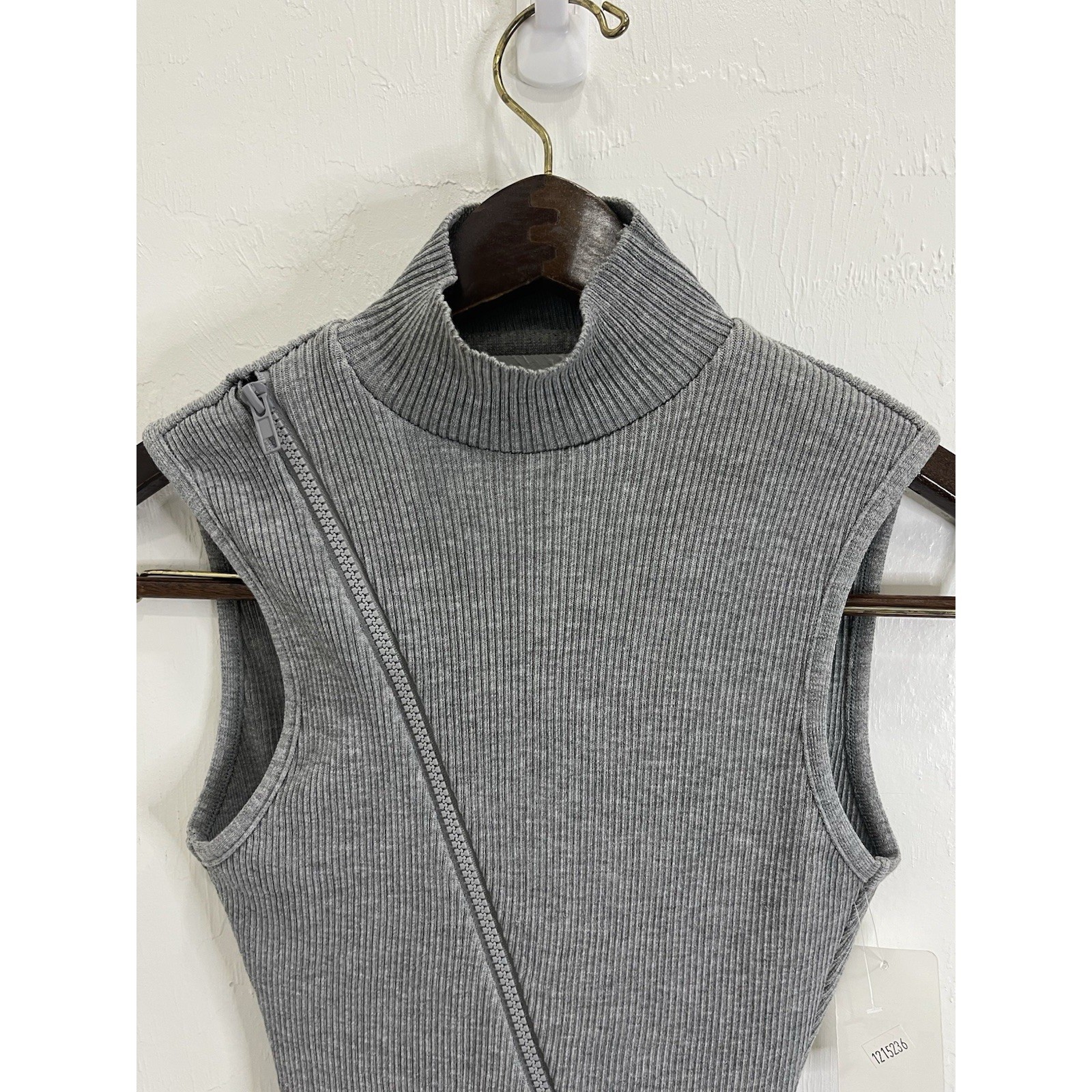 Pretty Knit Bodycon Dress Womens Large Gray New Open Back Ribbed Zip Front