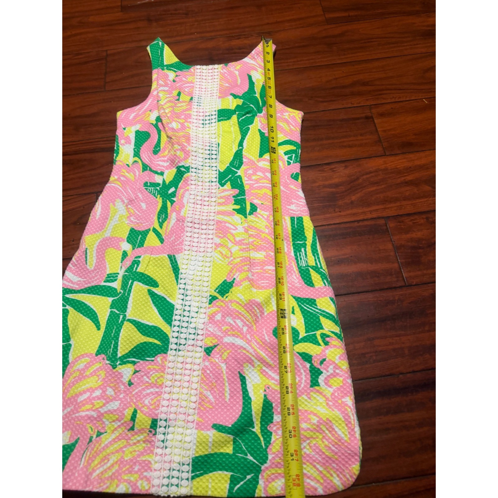 Lilly Pulitzer Flamingo Glee Shift Dress Pink Yellow Green Bamboo Lace Trim 33in