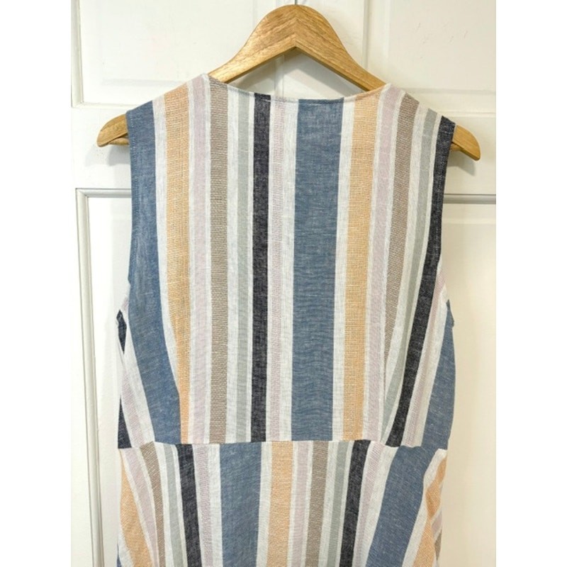 Marissa Olivia Linen Blend Striped Dress XL Blue Peach Button Front Midi Pockets