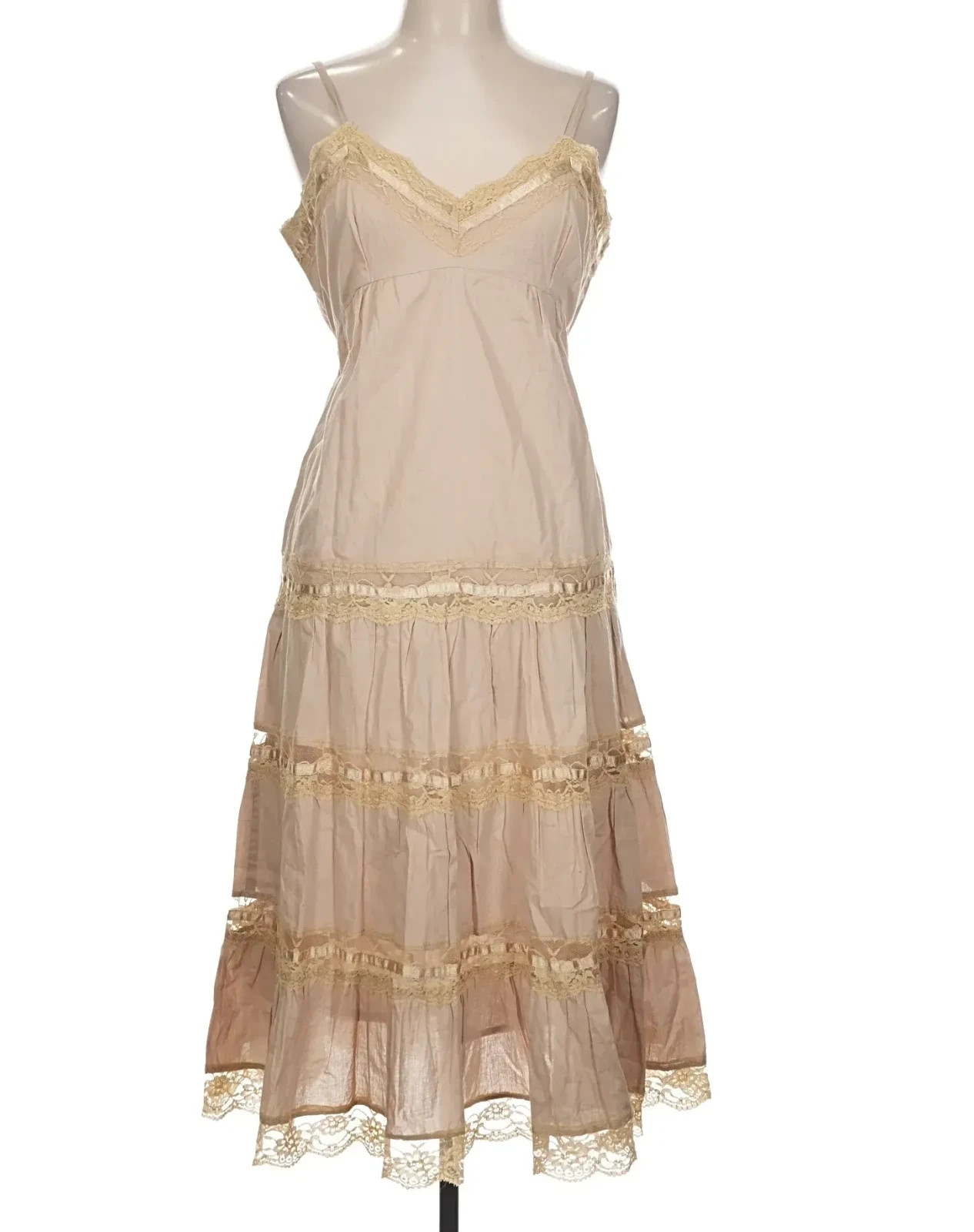 READ! Vintage Romantic Prairie Beige Tiered Lace Trim Sleeveless Cocktail Dress