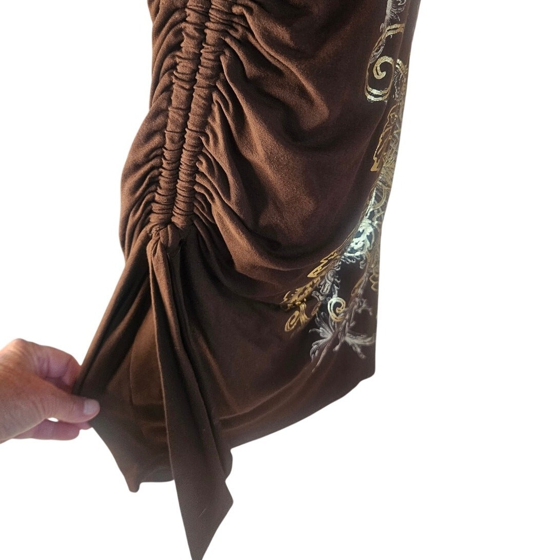 Cache Brown With Gold Silver Print Bodycon Dress Sz M Stretchy V Neck