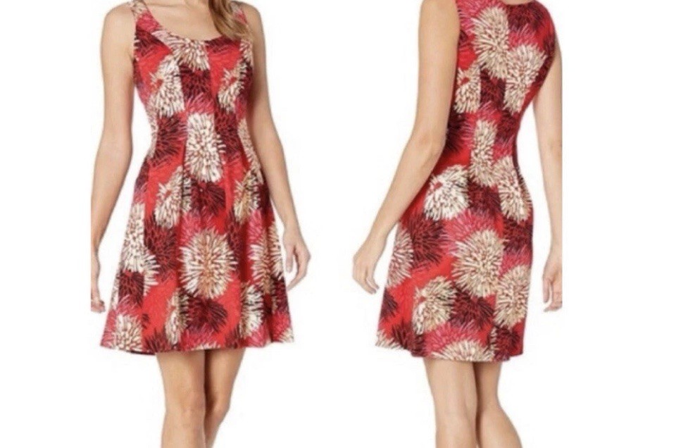 Pappagallo Size 16 Sleeveless Fit & Flare Dress Red Gold Black Pink – Stretch