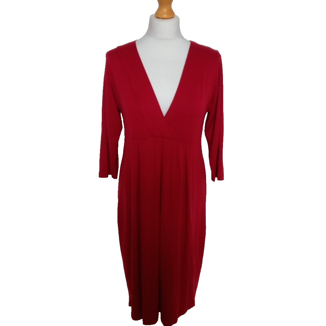 Masai Red Deep V Neck Jersey Dress L UK 14/16 Relaxed Fit Made in Portugal