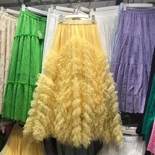 Voille Skirts Women Y2k High Waist Elastic Jupe Ladies Tulle Cake Mujer Faldas R
