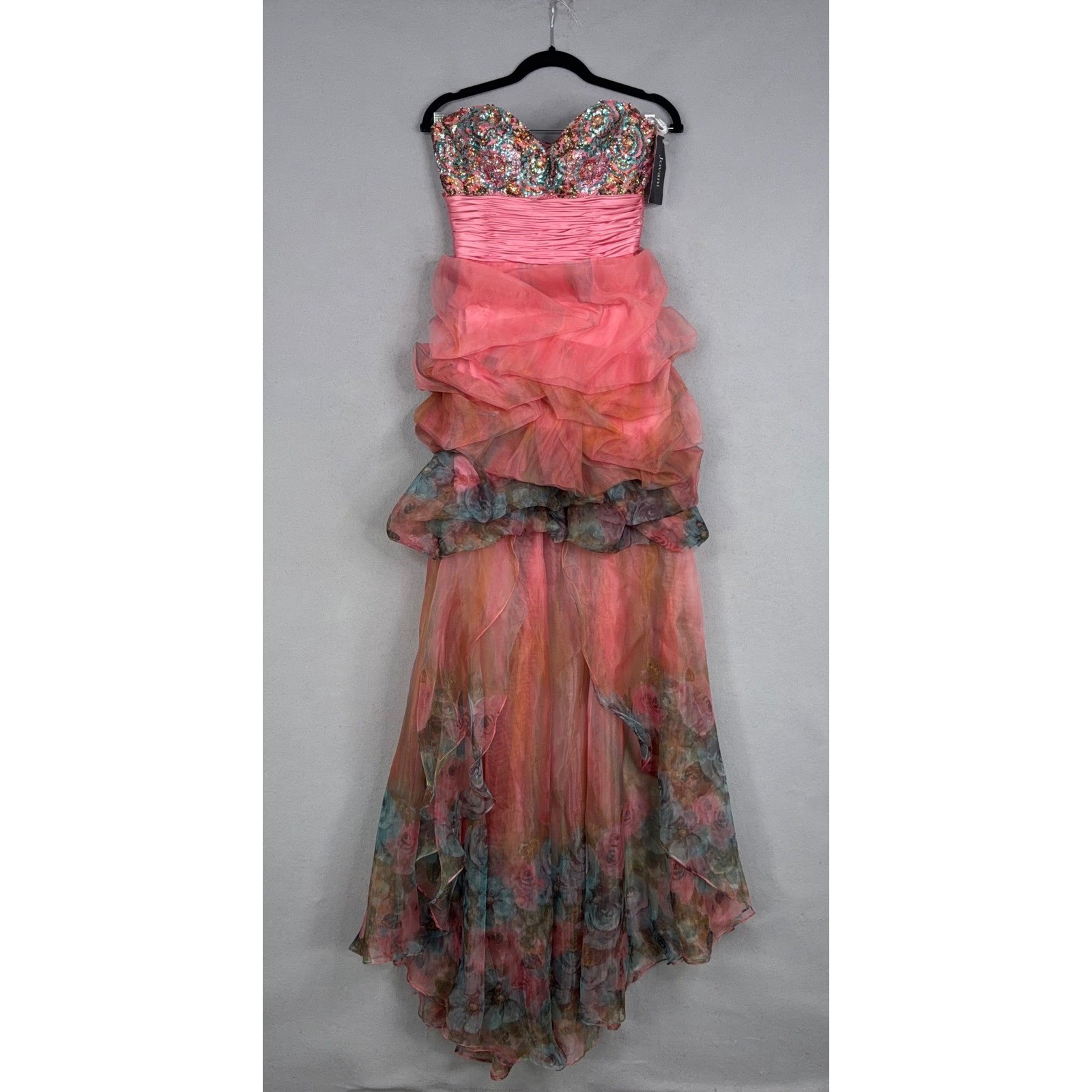 Jovani Gown Womens 2 Pink Floral Sequin Strapless Ruffle Tiered Prom Formal