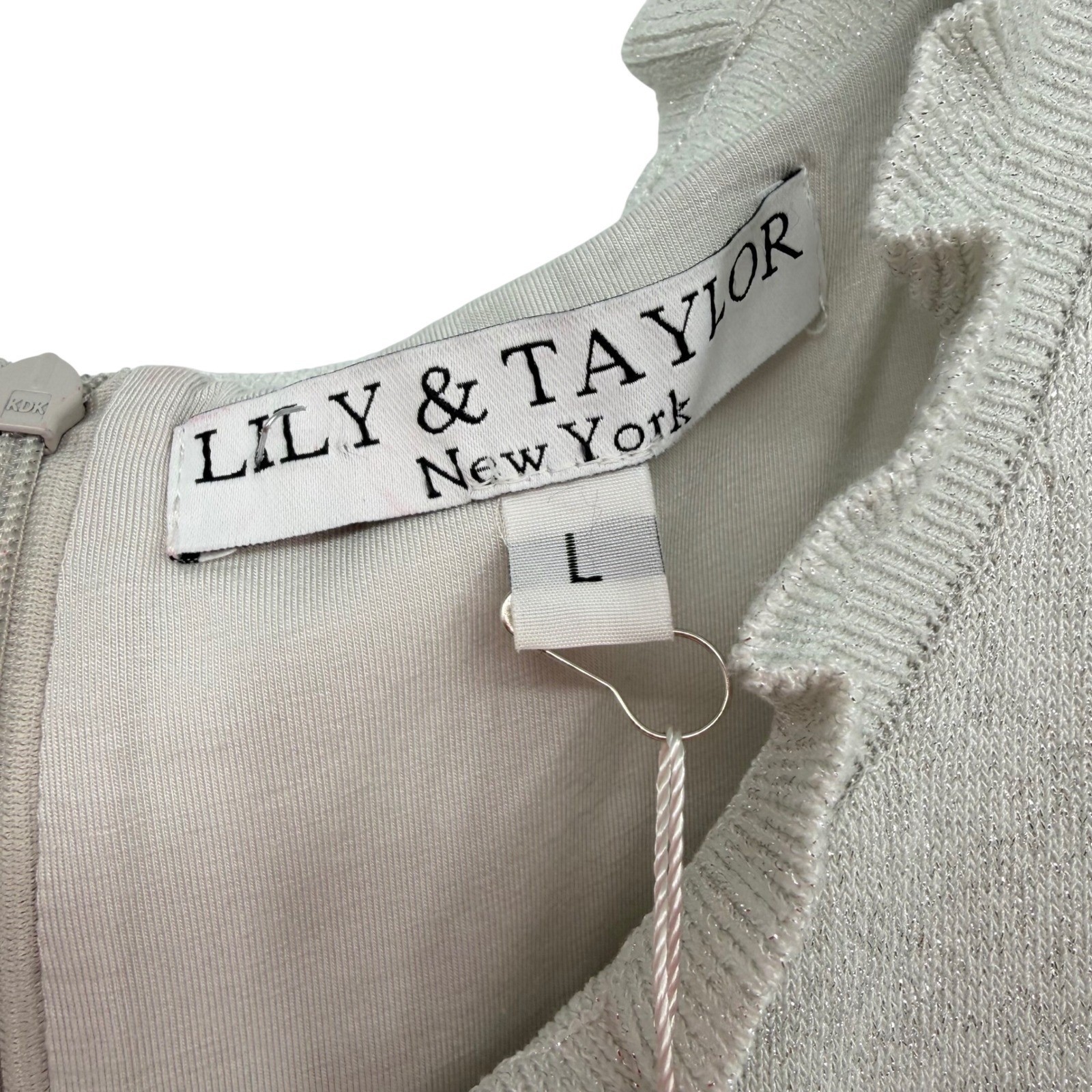 Lily & Taylor 2pc Knit Church Suit Dress Ruffled Edges Women’s L Silver Metallic