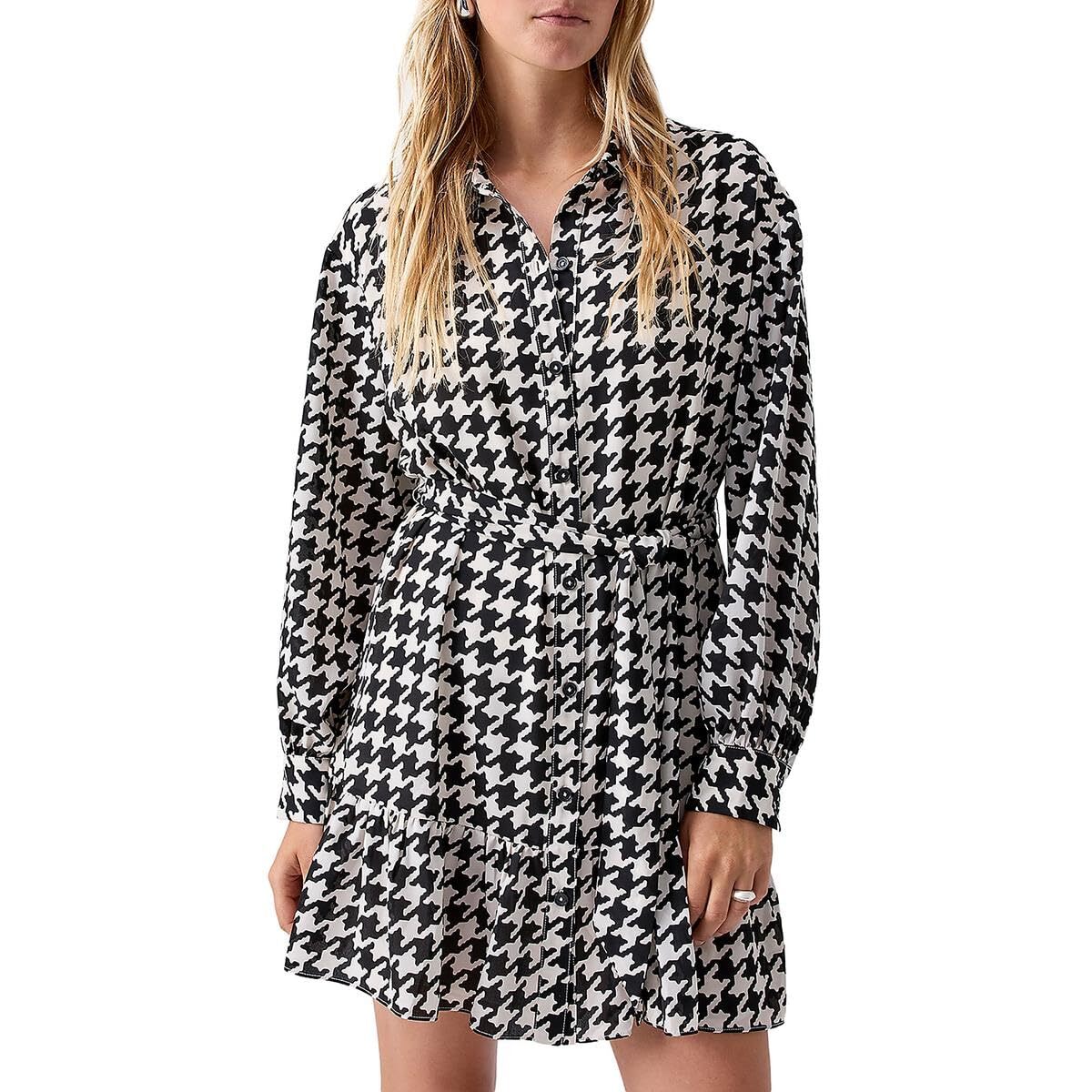 Sanctuary Womens Houndstooth Long Sleeve Mini Shirtdress B/W Size L