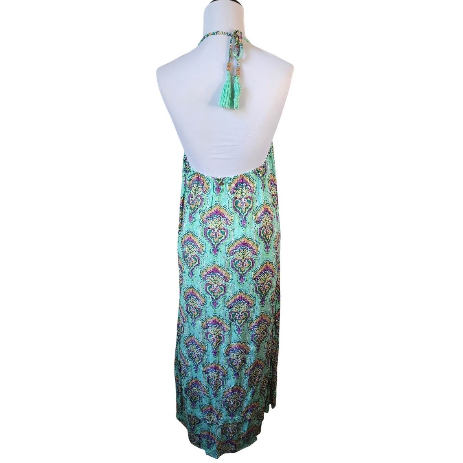 ONeill Halter Maxi Dress Bohemian Print Tassels Aqua Turquoise XS