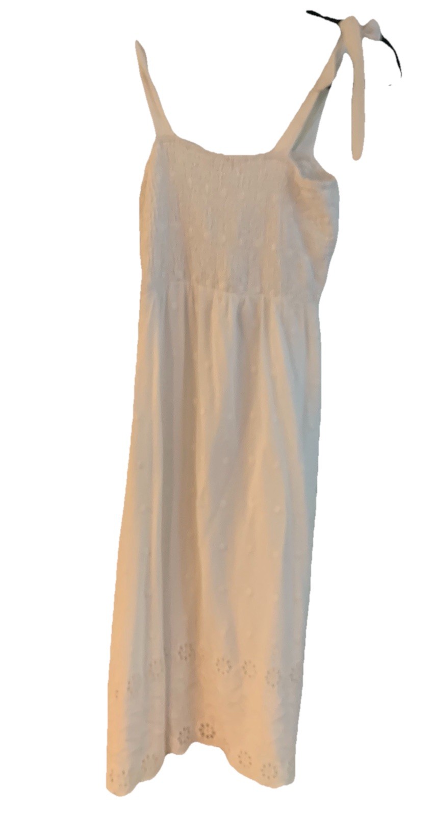 White summer long cotton eyelet dress tie sleeveless scalloped design edge Sm