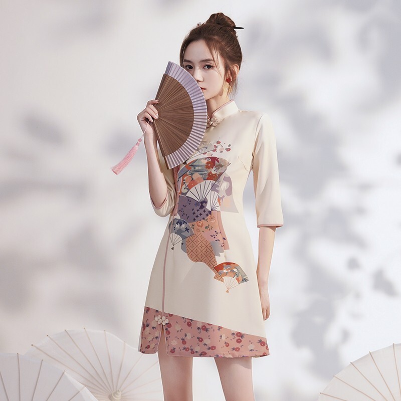 Oriental Chinese Style Female Cheongsam Split Dress Printed Women Improved Qipao
