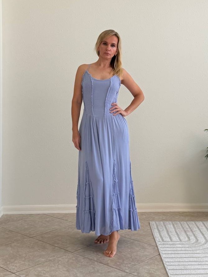 Free People Blue Open Back Smocked Maxi Dress Size M Boho Raw Edge Pockets