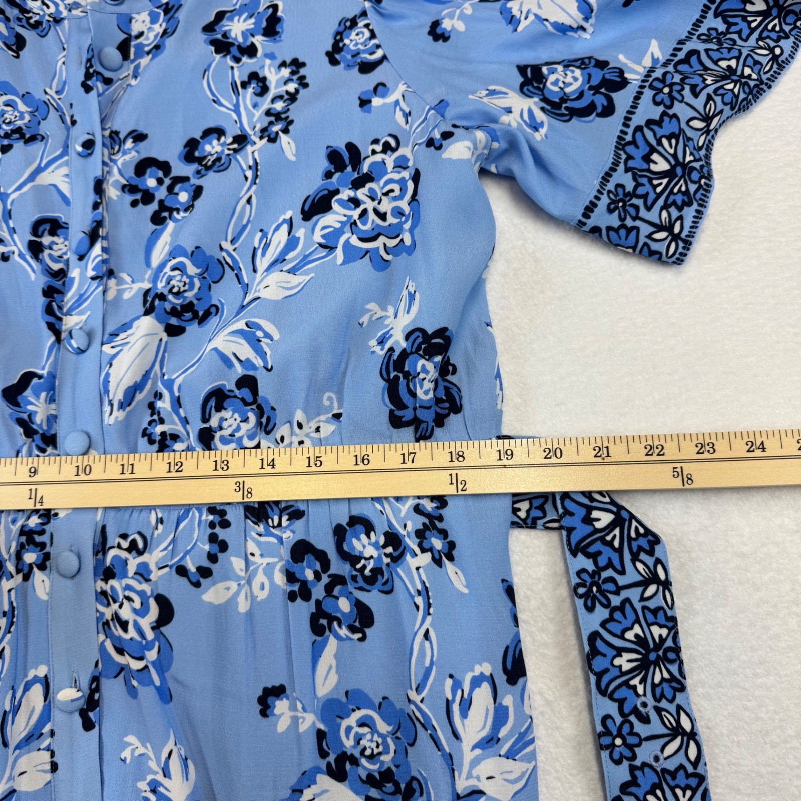 STS Blue Floral Midi Dress Button Front Flutter Sleeve Wood Buckle Belt XL