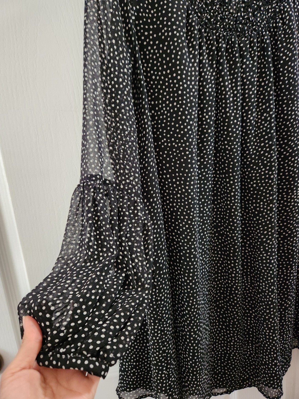 ZARA Collection Smocked High Neck Black/Ivory Polka Dot Dress Long Sleeve Size S