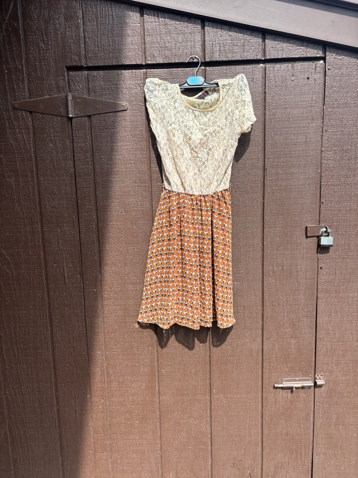 SM Wardrobe M/L Lace A-Line Short Sleeve Floral Geometric Dress Brown Beige