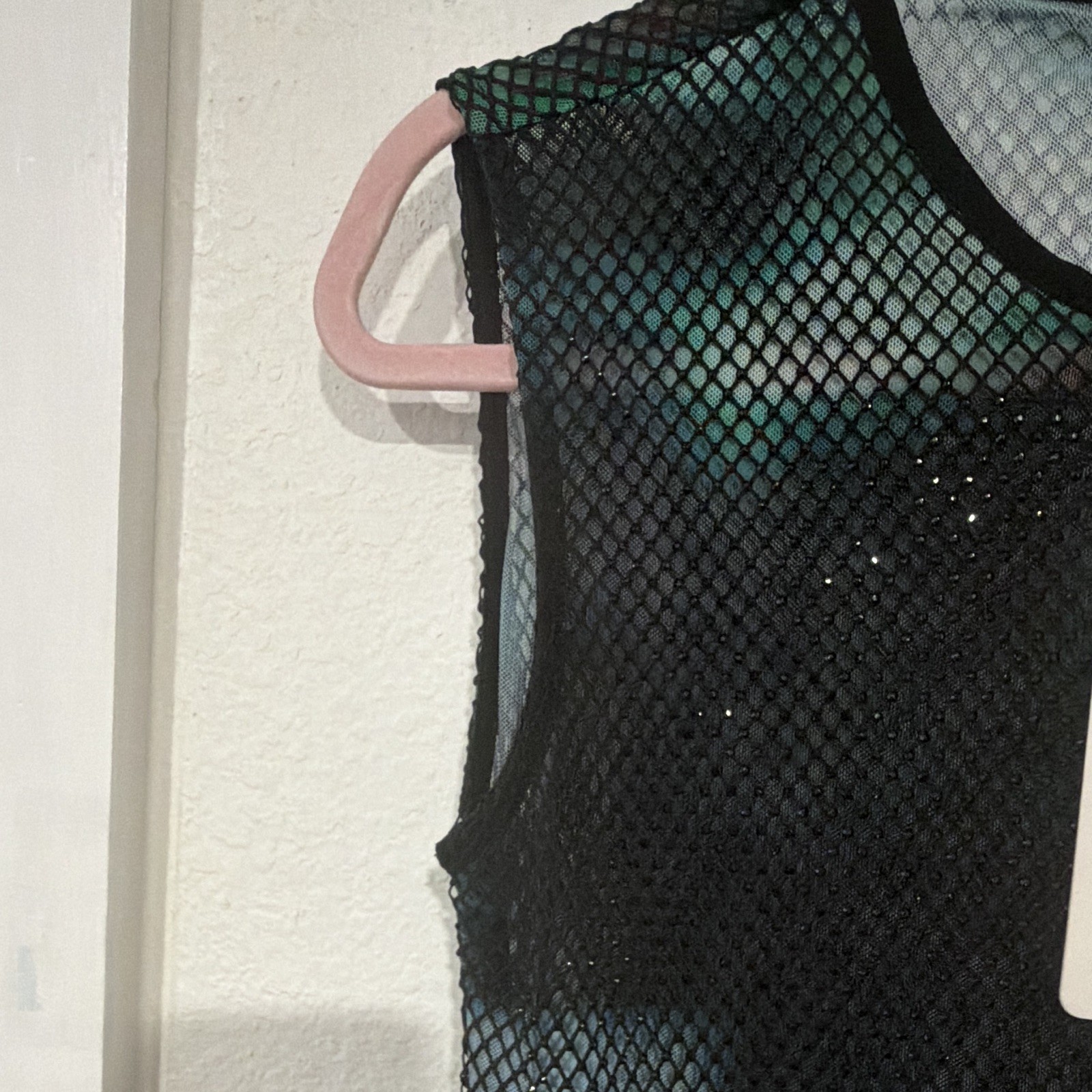 AMYLYNN XS/S Black Green Abstract Sheer Mesh Sleeveless Maxi Dress, Round Neck