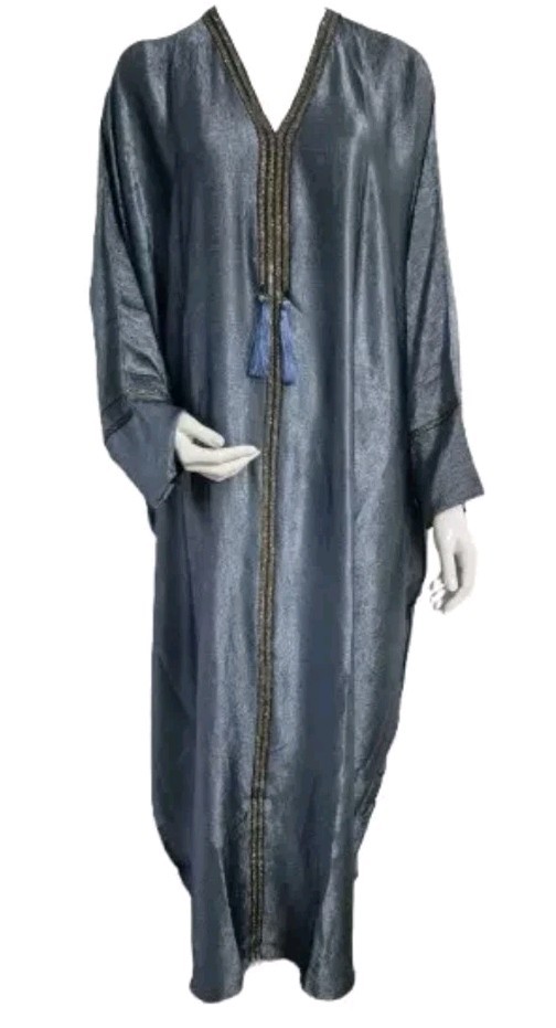 SS26 Quality Ladies Premium Crushed Satin Frasha Abaya Diamante Silver Size 56