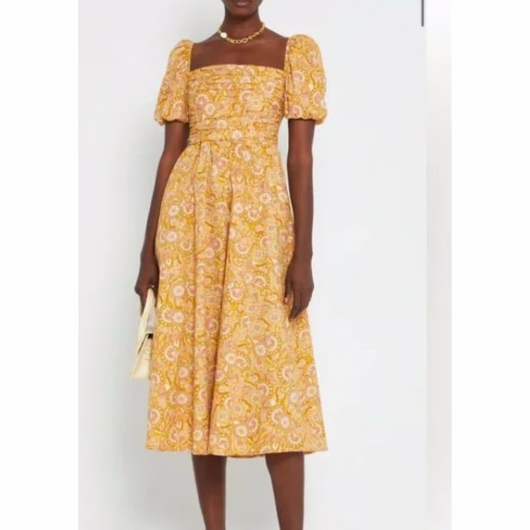 O.P.T. Anthro Square Neck Smocked Yellow Midi Paisley Dress Puff Sleeves Sz XS