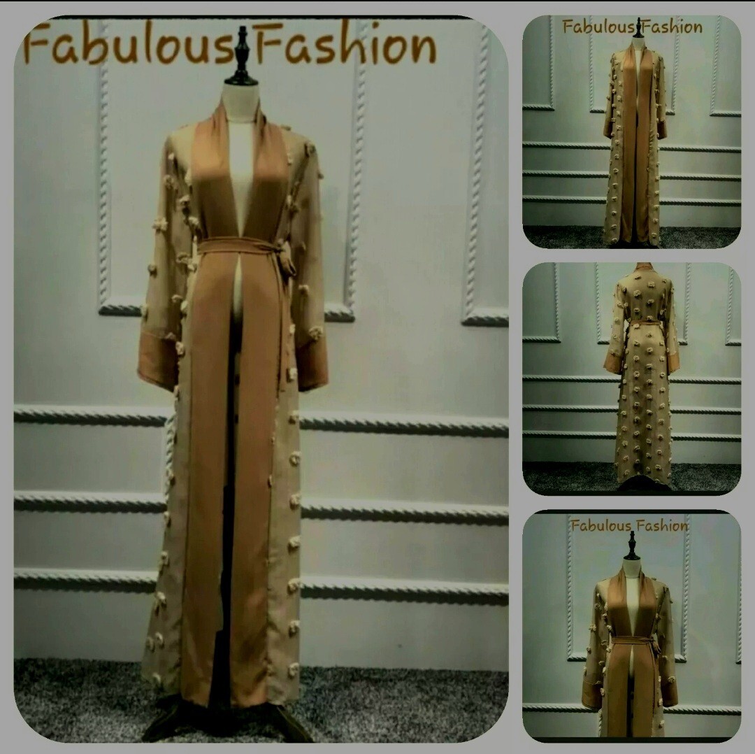 Chic Brownish Beige Loose Long Sleeve Sheer Applique Solid Border Maxi Duster L