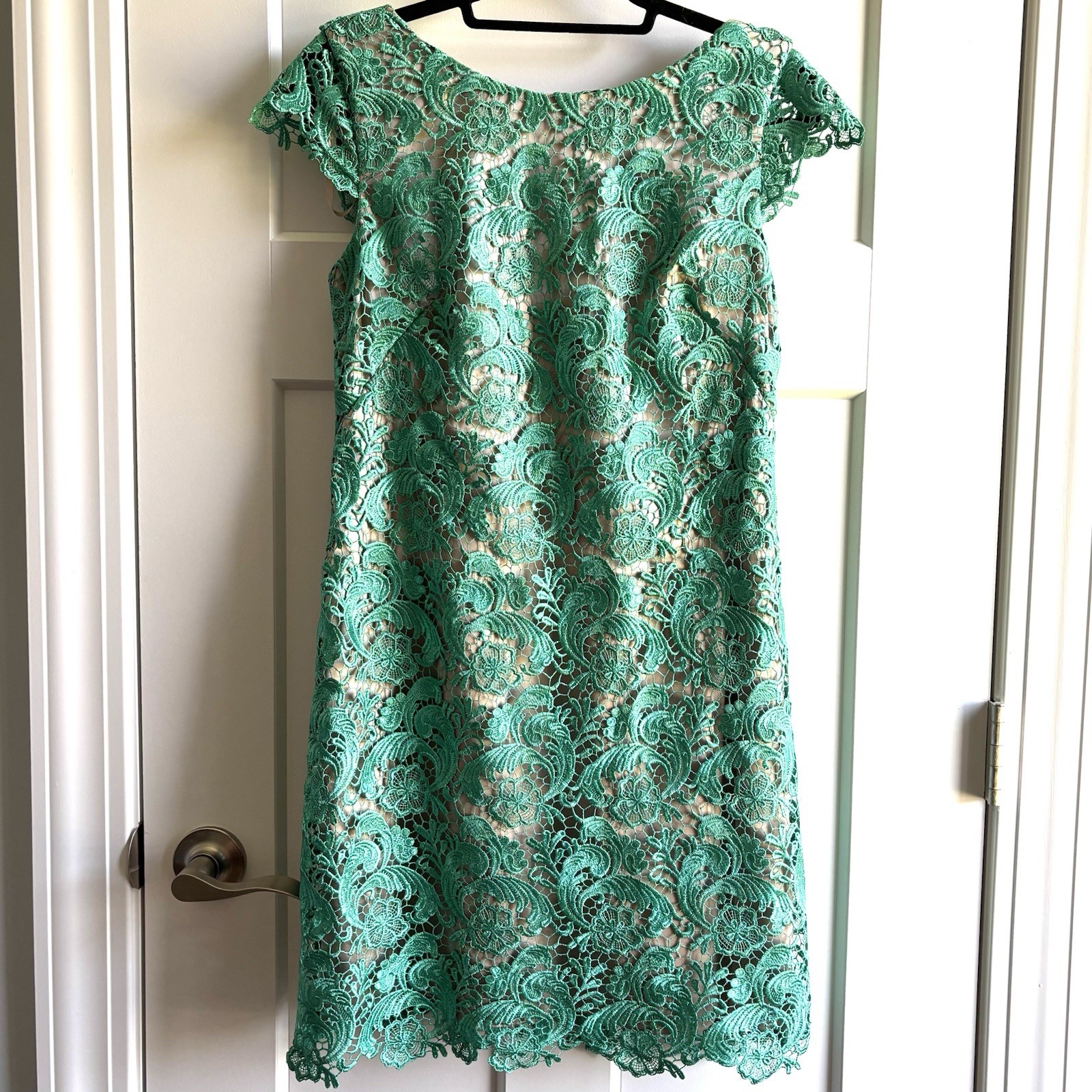 Eliza J Cap Sleeve Sheath Teal Green Lined Summer Cocktail Wedding Lace Dress 6