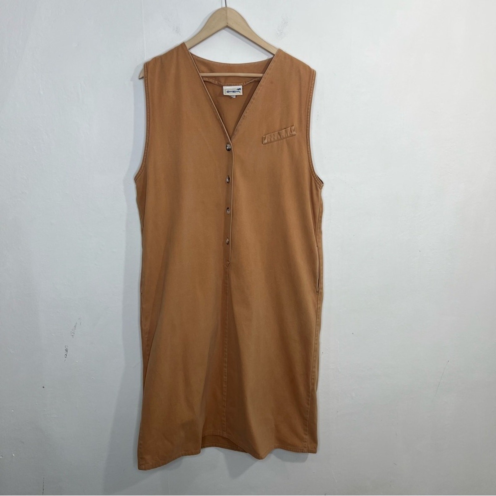 Vintage OshKosh Cotton Weathered Hazel Brown V Neck Dress Women’s Size 12