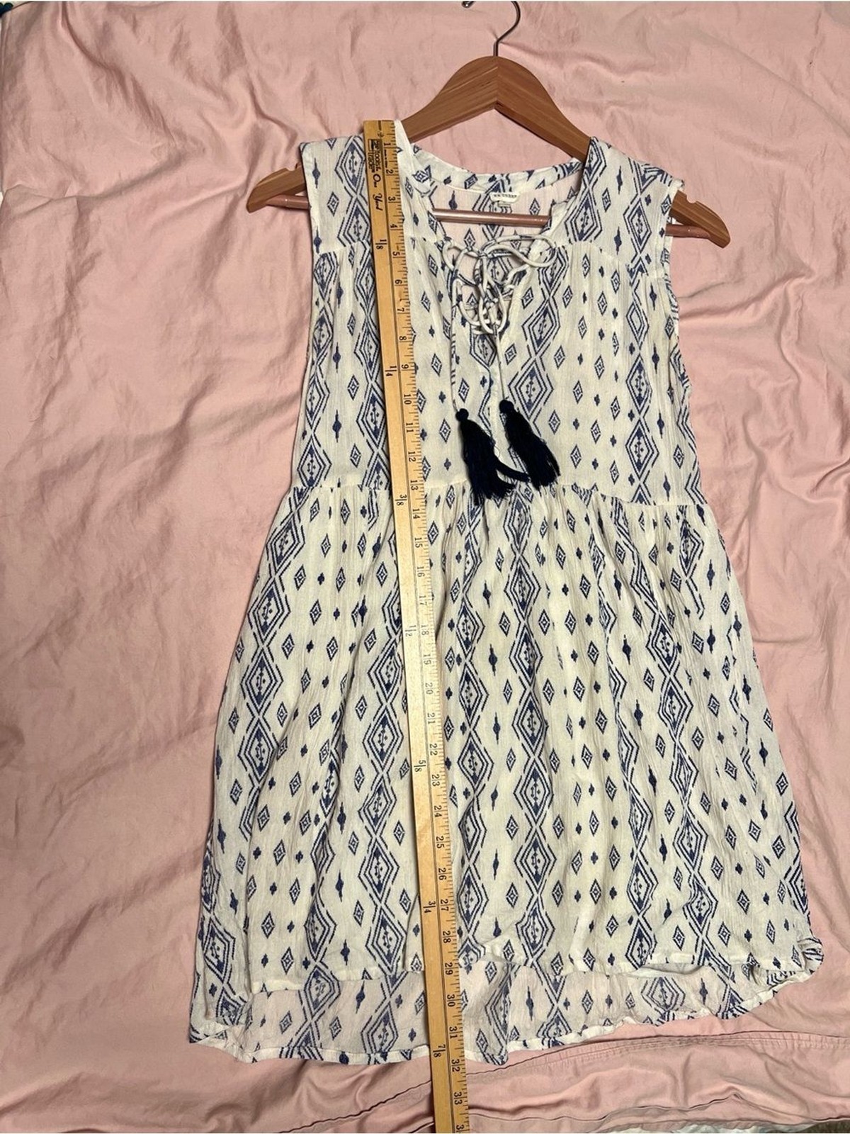 En Creme Ivory Navy Tribal Geometric Tassel Tie Sleeveless Mini Dress Size Small