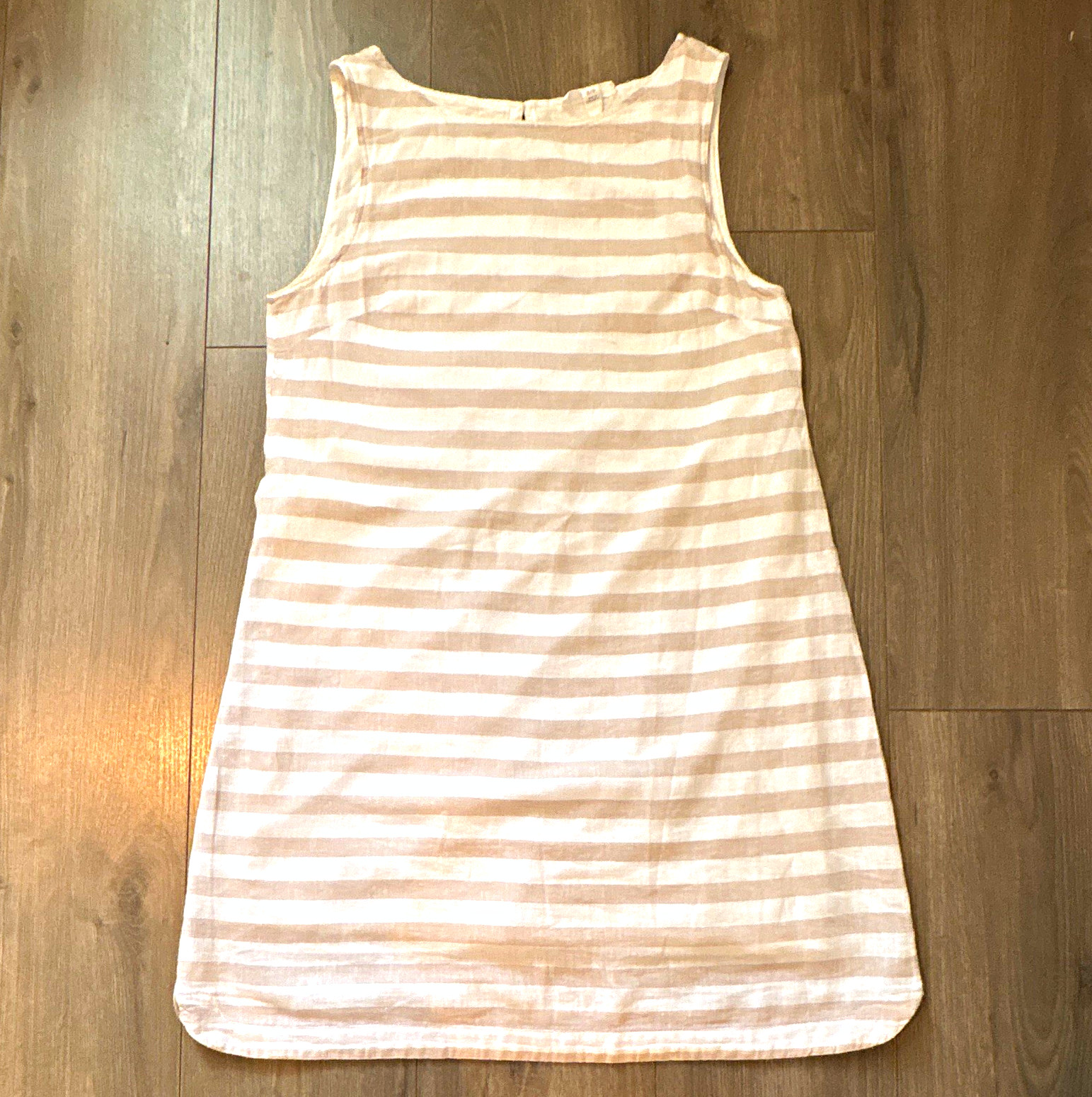 beachlunchlounge Beige/White Striped Shift Dress Linen Lined S/P 100% Cotton