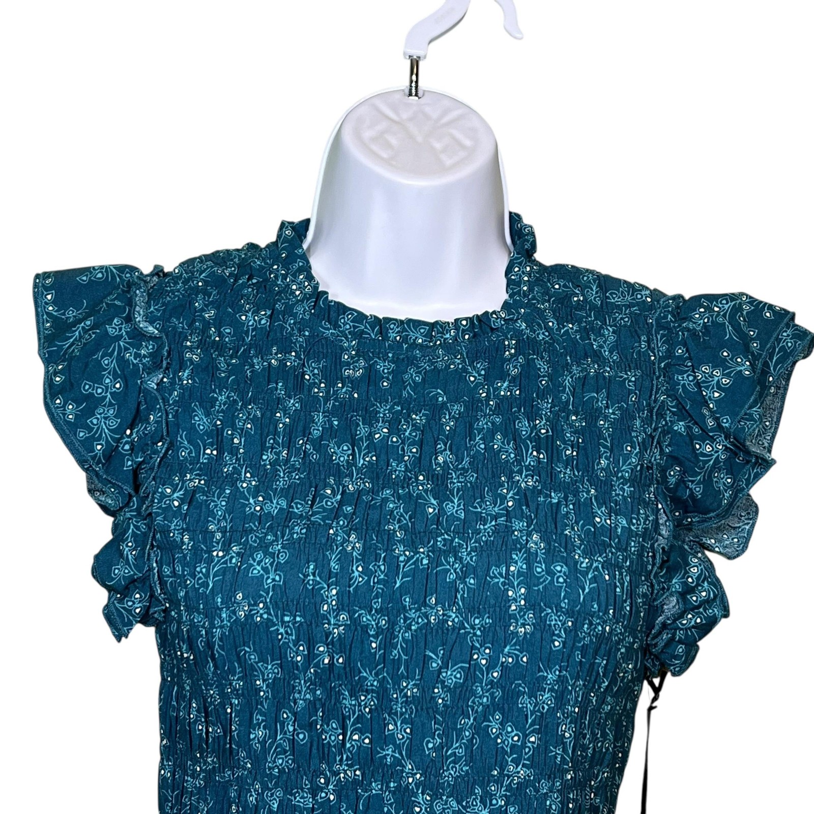 Liberty Love Mini Dress Womens Large Blue Ruffle Mini Floral Smocked Cap Sleeve