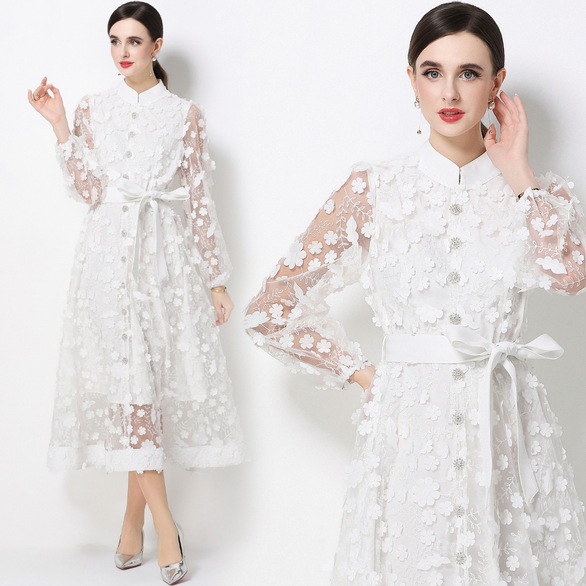 Flowers Applique Embroideried Mock Neck Bow Hollow Out Women Casual Shirt Dress