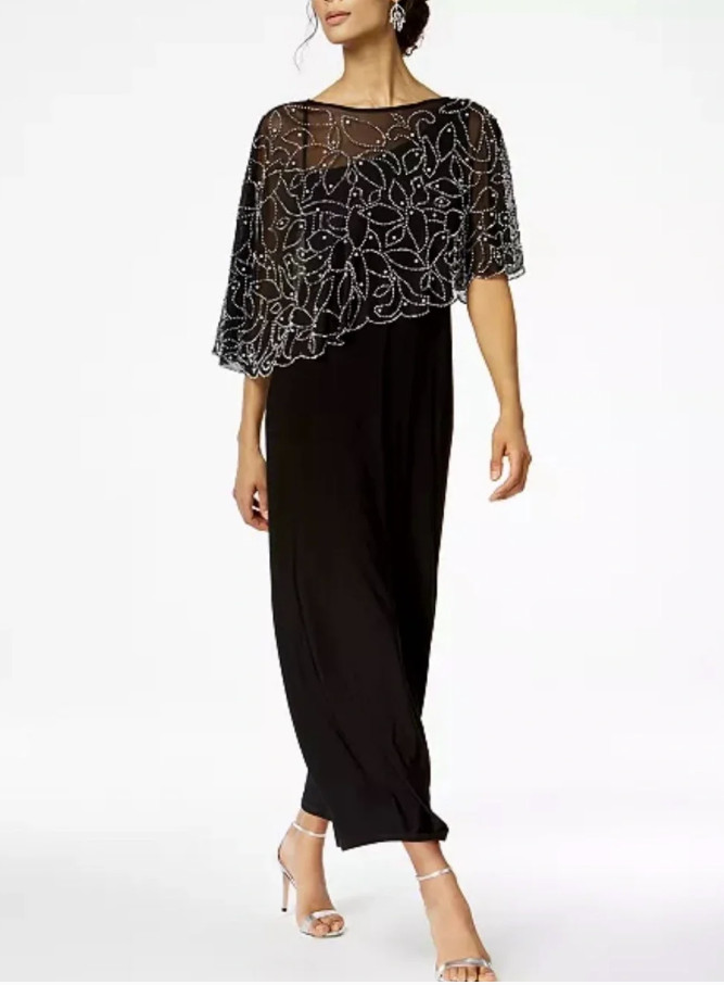 Women’s Boat-Neck Embellished-Cape Jersey-Knit Gown Size S