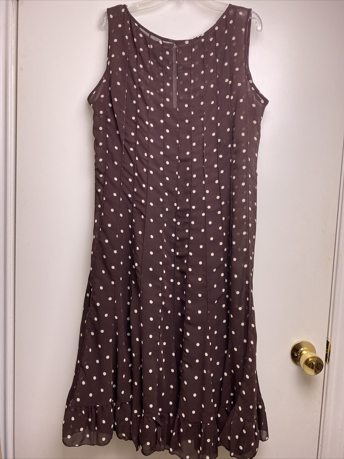 Brown White Polka Dot Sheer Lined Sleeveless Ruffle Dress Sz 12 Pretty Woman