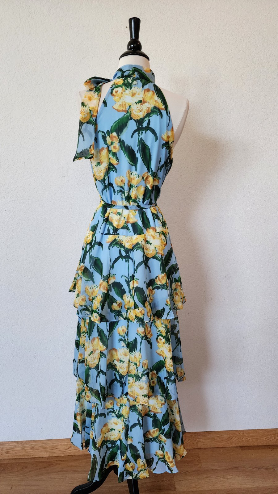 New Maxi Dress Size Large XL Chiffon Blue Floral Tiered Halter Bow Elegant