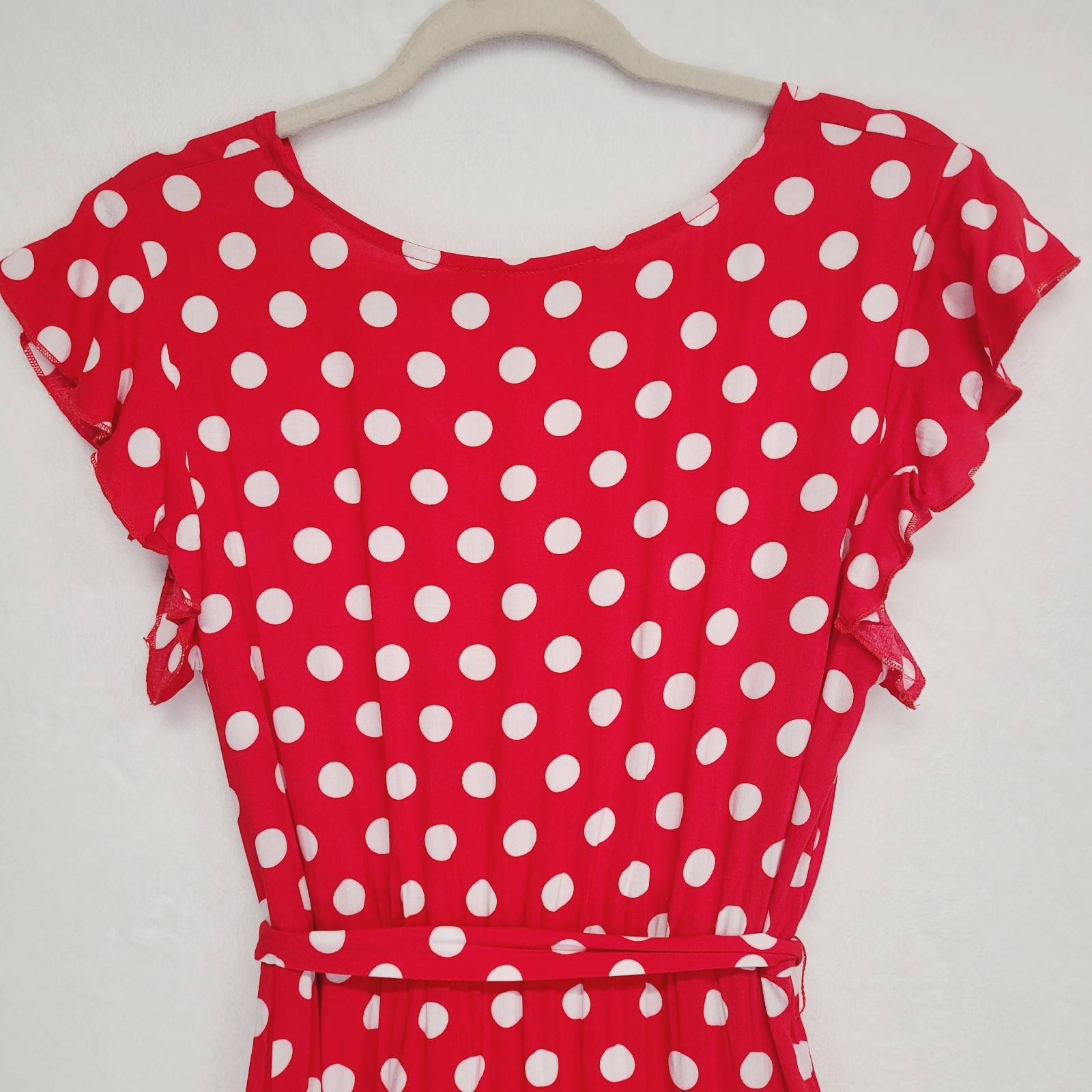Red Polka Dot Faux Wrap Surplice Maxi Dress M Hi Low Ruffle Romantic Retro Femme