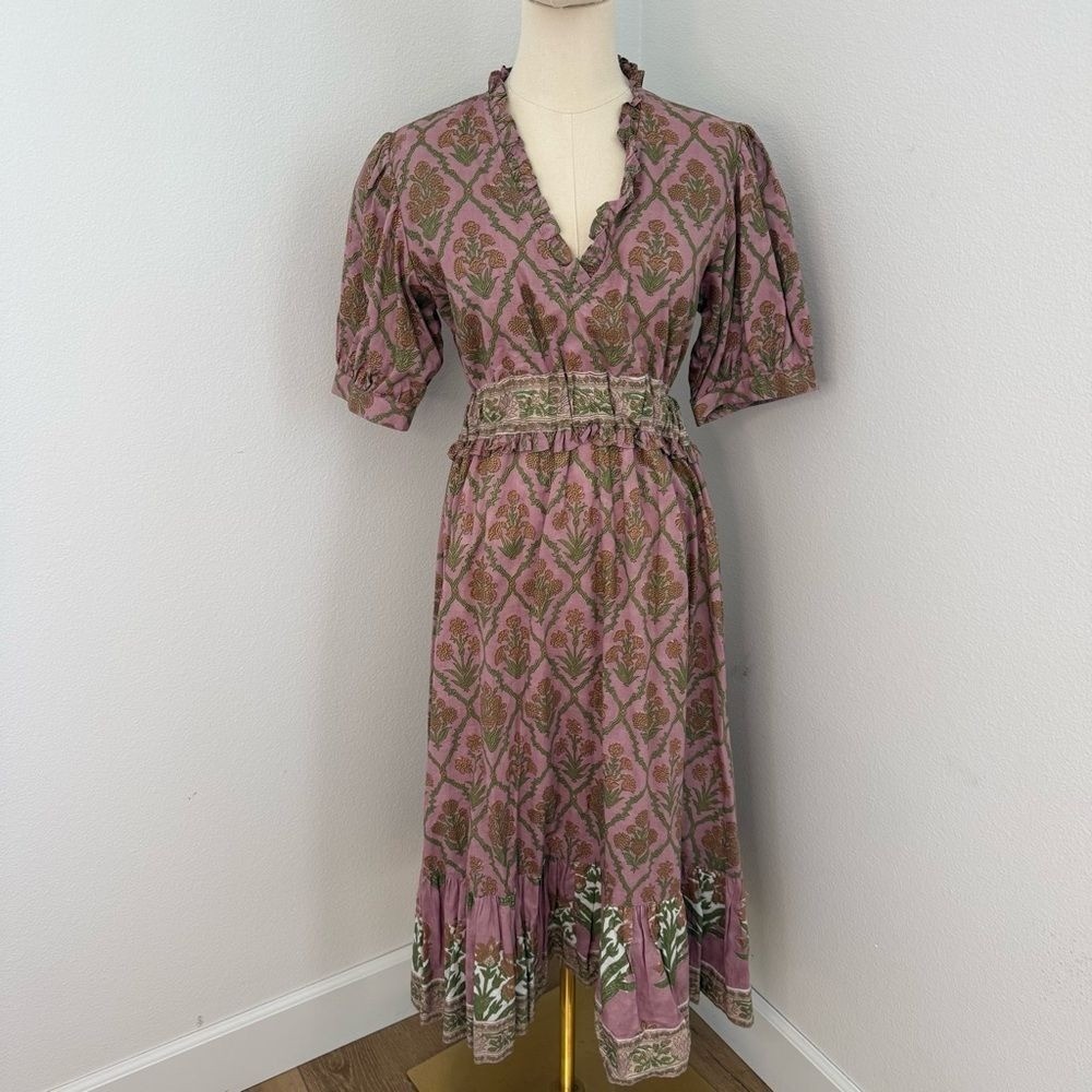 Victoria Dunn Mauve Paisley Midi Dress with Olive Accents – Size Small
