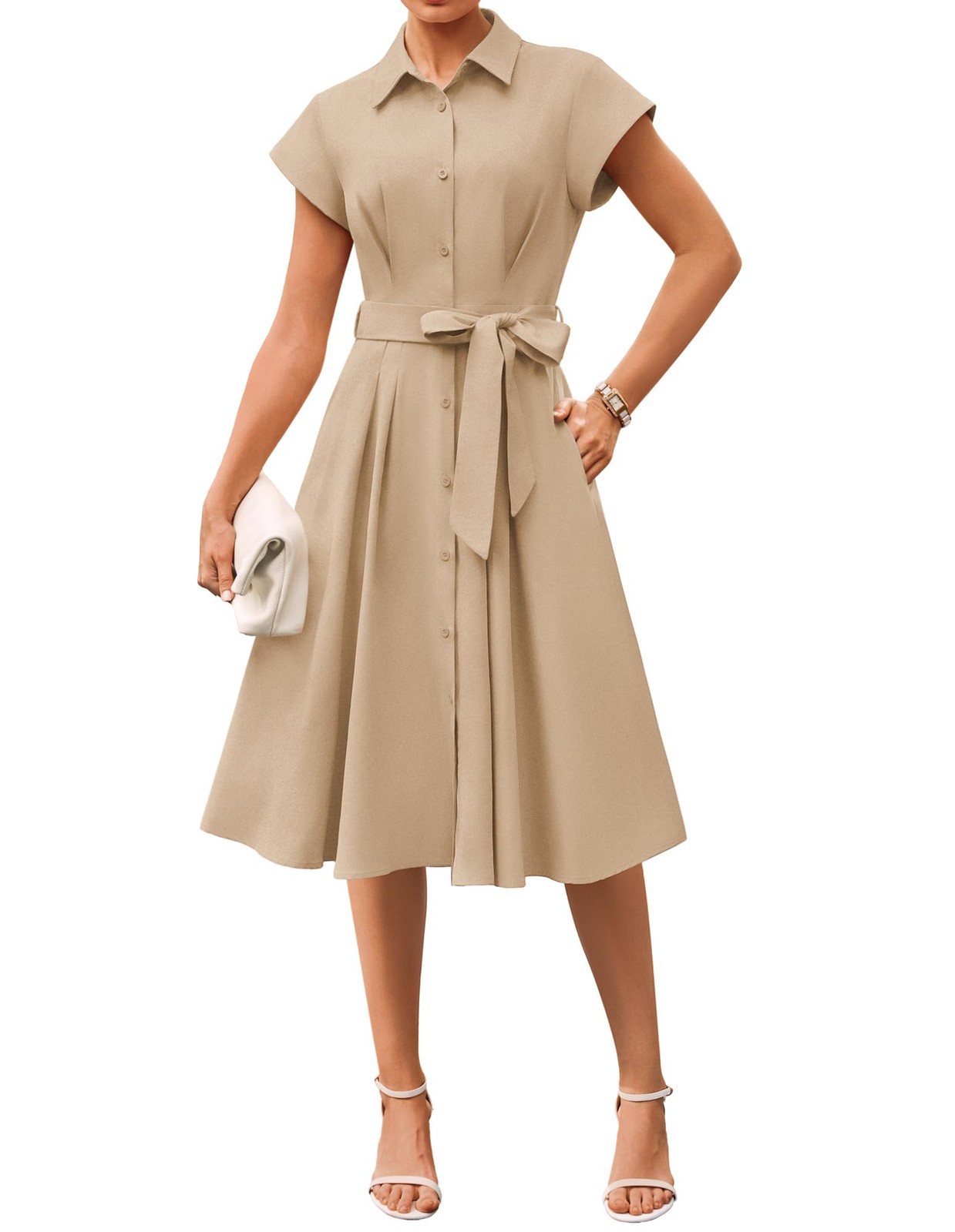 Womens Summer Work Business Casual Midi Shirt Dresses Khaki L
