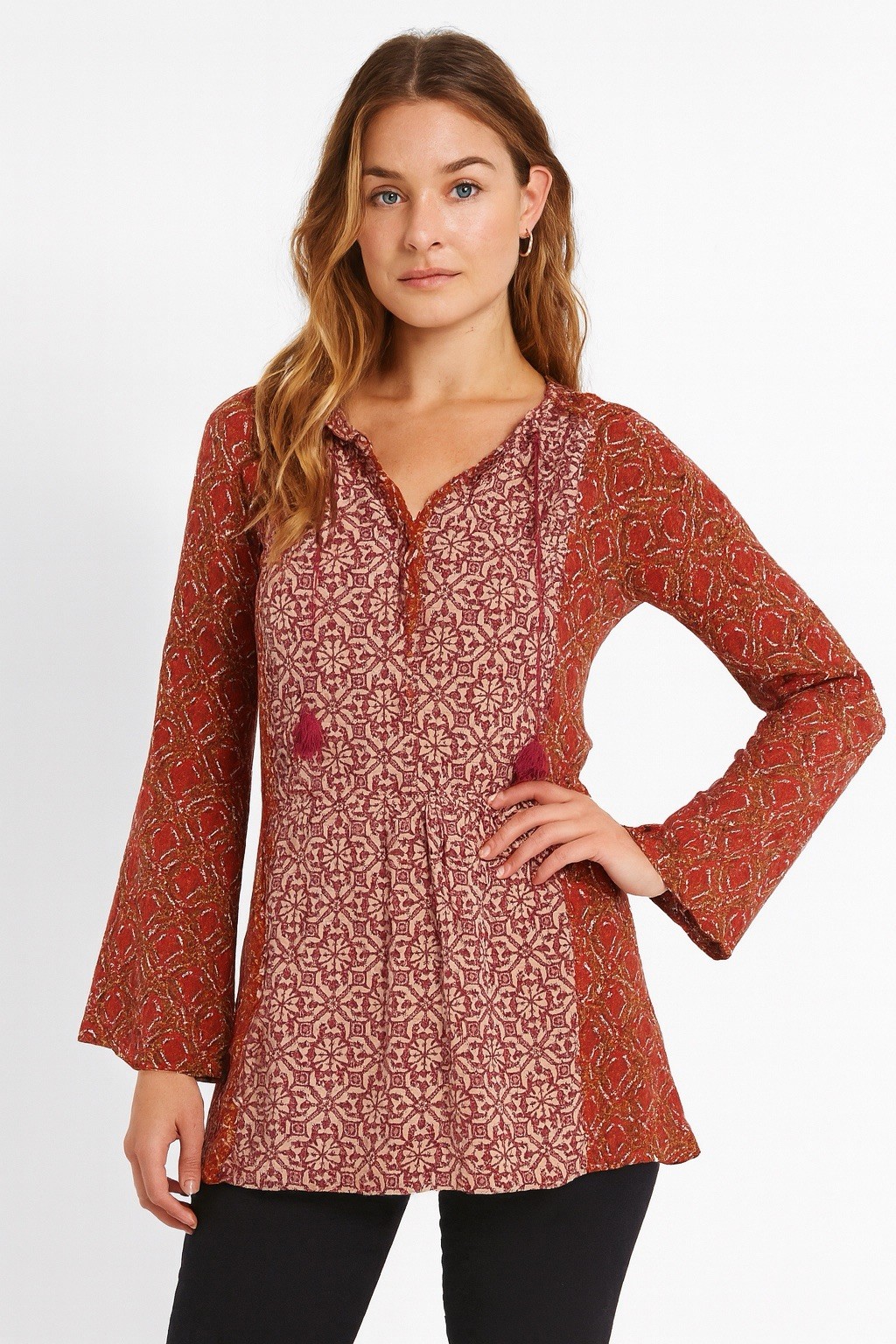 Akemi + Kin Dress Womens Small Red Boho Long Sleeve Tassel Print Peasant Tie